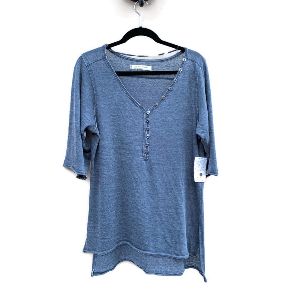 Free People Blue V-Neck Henley Short Sleeve Tee
